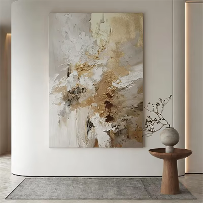 Abstract Painting With Beige Gold White Tones On White Wall Near Wooden Table Vase Branches 3d model