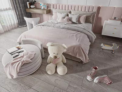 Cozy Pink Kids Bed with Plush Pillows Quilt Teddy Bear and Toys 3d model