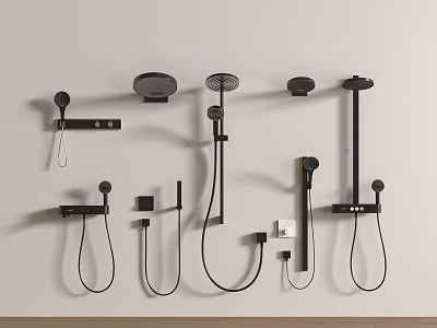 Black Wall Mounted Shower Fixtures With Various Styles And Handheld Hoses 3d model