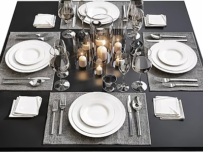 Elegant Dining Table Decorative Ornament Set With White Plates Wine Glasses Candles And Cutlery 3d model