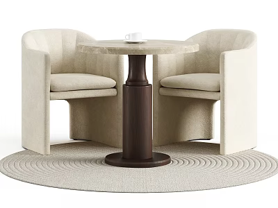 Table and Chair Set with Beige Armchairs Round Light Tabletop Dark Cylindrical Leg and Rug 3d model