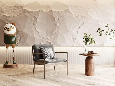 Gray Accent Chair With Striped Pillow Side Table Green Plant Pine Cone Stone Textured Wall 3d model