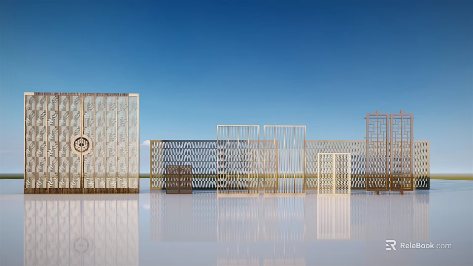 Modern Structured Entrance Gate Design With Grid Patterns Metal Frames And Water Reflection 3d model