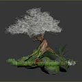 Cartoon Scene Featuring Unique Tree With Green Leaves And Green Rocks Around Roots