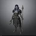 Blue Skinned Mythical Woman in Feathered Armor Holding Spear and Scimitar