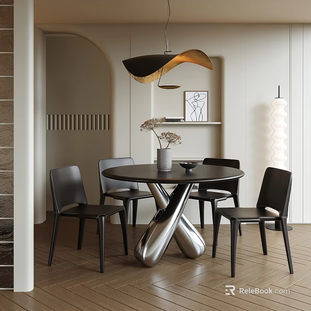 Modern Restaurant Interior With Arched Decor Round Black Table Silver X Legs And Black Chairs 3d model 