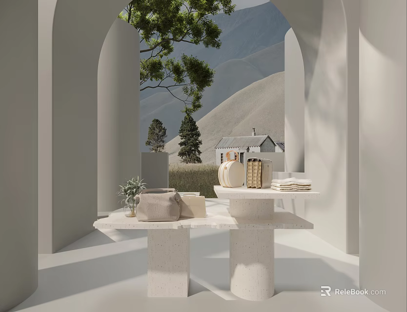 White Arched Display Shelf In Indoor Space With Decorative Plants Bags Jars Folded Fabrics And Mountain View Background 3d model 