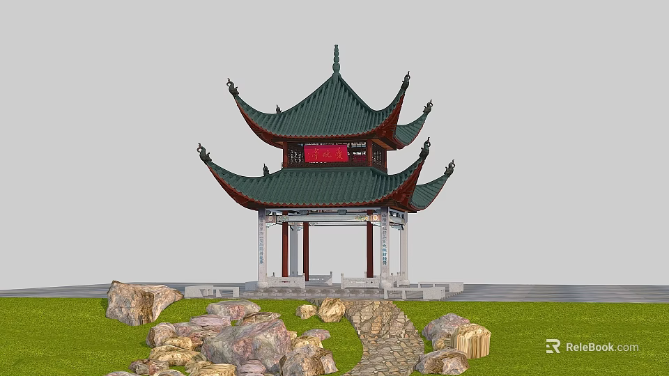 Traditional Chinese Ancient Architecture With Green Curved Roof Red Plaque And Stone Path 3d model 