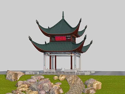 Traditional Chinese Ancient Architecture With Green Curved Roof Red Plaque And Stone Path 3d model