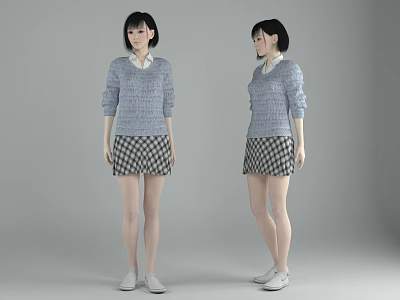 Woman in Gray Sweater With White Collar and Black White Checkered Skirt on Gray Background 3d model
