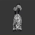 Elegant Women's Dress With Black Top And White Pattern Fluffy Skirt