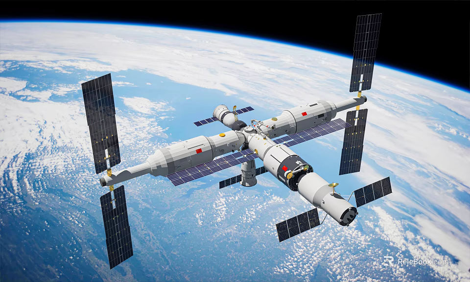 Large Space Station With Multiple Modules And Solar Panels Orbiting Earth 3d model 