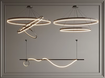 Minimalist Modern Chandelier Design With Circular Rings And Curved Illuminated Lines 3d model