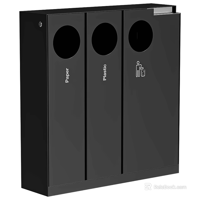 Black Three Compartment Recycling Trash Bin With Paper Plastic And Other Labels 3d model 