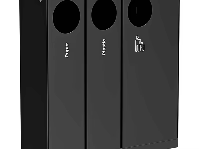 Black Three Compartment Recycling Trash Bin With Paper Plastic And Other Labels 3d model