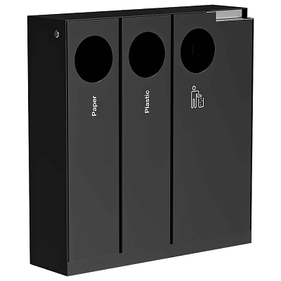 Black Three Compartment Recycling Trash Bin With Paper Plastic And Other Labels 3d model