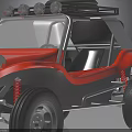 Red Open Top Dune Buggy With Roof Rack Spare Tire Headlights And Small Flag