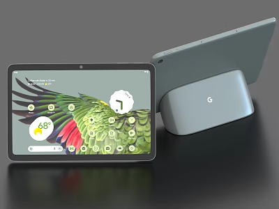 Sleek Tablet Displaying Colorful Bird Image Screen Time Display And Stand 3d model