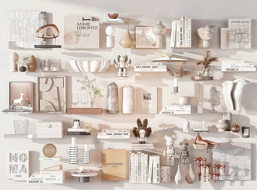 Decorative Ornament Set For Modern Home With Ceramic Vases Wooden Figurines And Metallic Sculptures 3d model 