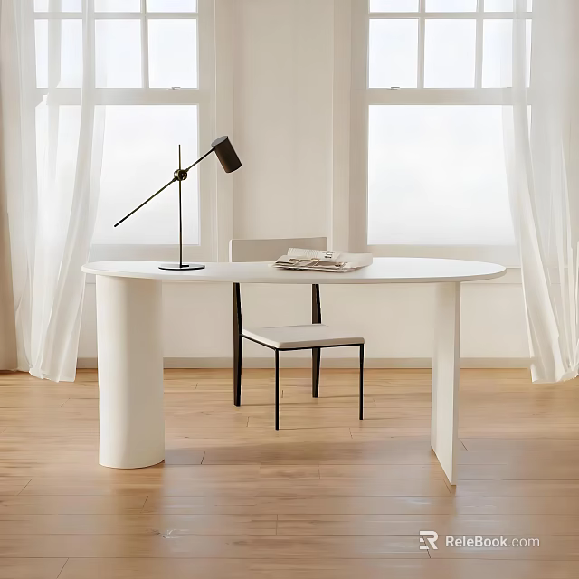 Modern Office Desk With White Tabletop Black Lamp Chair Window White Curtains And Wooden Floor 3d model 