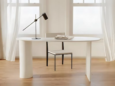 Modern Office Desk With White Tabletop Black Lamp Chair Window White Curtains And Wooden Floor 3d model