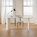 Modern Office Desk With White Tabletop Black Lamp Chair Window White Curtains And Wooden Floor