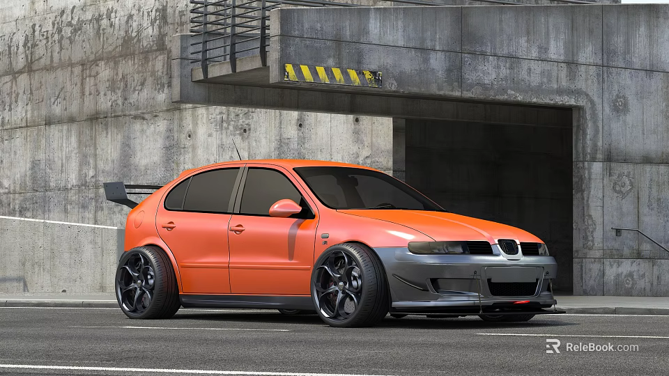 Orange Modified Sports Car With Black Rims Rear Spoiler And Concrete Tunnel Entrance 3d model 