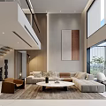 Modern Duplex Living Room Interior With Spacious Layout High Ceiling Large Windows And Stylish Sofa 3d model