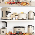 Stylish Smeg Beige Kitchen Appliances On White Shelf With Coffee Machine Toaster Kettle Blender Rice Cooker