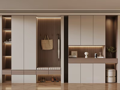 Modern Entryway Shoe Cabinet With Bench Lighting And Decorative Storage Hooks 3d model
