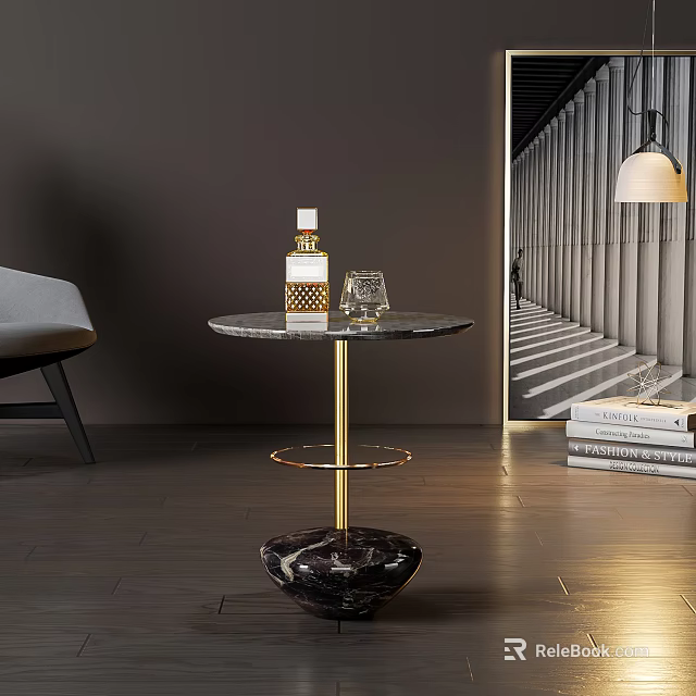 Modern Round Side Table With Marble Top And Golden Two Tier Stand Design 3d model 