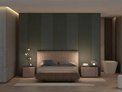 Modern Luxury Bedroom Interior With Green Wall Wooden Floor And Bedside Lamp 3d model