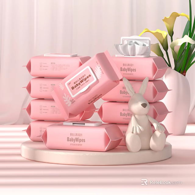 Pink Baby Wipes With Stacked Packaging And White Rabbit Toy 3d model 