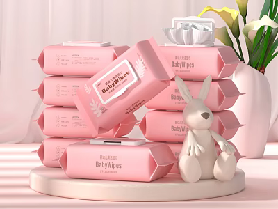Pink Baby Wipes With Stacked Packaging And White Rabbit Toy 3d model