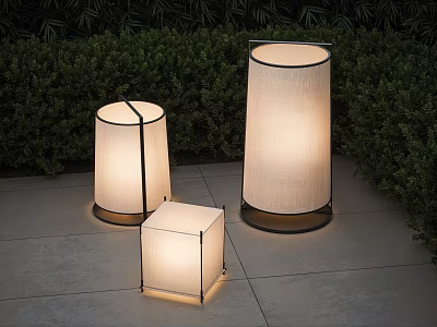 Modern Outdoor Floor Lamps With White Fabric Shades And Black Frames On Stone Patio 3d model