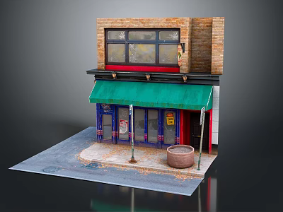 Cartoon Style Brick Storefront With Green Awning Blue Doors Windows Street Sign And Large Pot 3d model