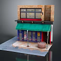 Cartoon Style Brick Storefront With Green Awning Blue Doors Windows Street Sign And Large Pot