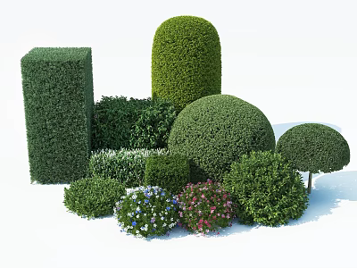 Trimmed Bushes In Various Geometric Shapes With Small Colorful Flowers For Garden Landscaping 3d model