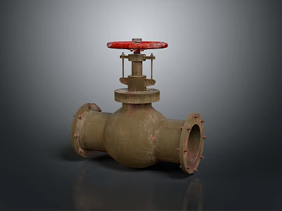 Vintage Household Water Control Valve With Rusty Metal Body And Red Handwheel 3d model
