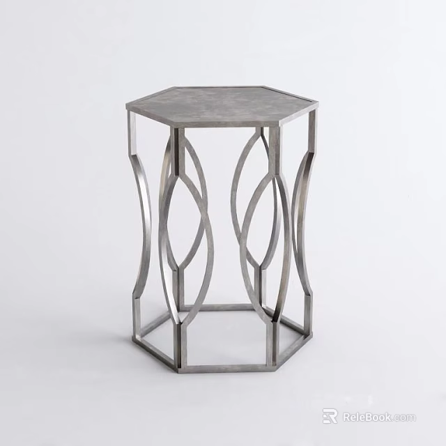 Silver Tone Hexagonal Metal Side Table with Decorative Curved Legs and Modern Design 3d model