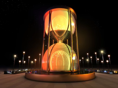 Giant Illuminated Hourglass In Night Scene With Surrounding Light Poles 3d model