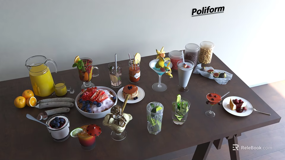 Assorted Food And Drinks Display With Fresh Fruits Desserts And Cocktails On Dark Wooden Table 3d model 