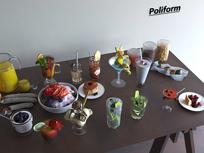 Assorted Food And Drinks Display With Fresh Fruits Desserts And Cocktails On Dark Wooden Table 3d model