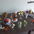 Assorted Food And Drinks Display With Fresh Fruits Desserts And Cocktails On Dark Wooden Table