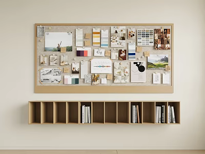 Photo Wall with Color Swatches Photos and Wooden Shelf with Books in Minimalist Room 3d model