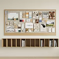 Photo Wall with Color Swatches Photos and Wooden Shelf with Books in Minimalist Room