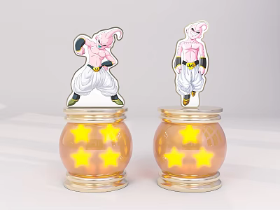 Pink And White Cartoon Figures On Transparent Jars With Yellow Stars 3d model