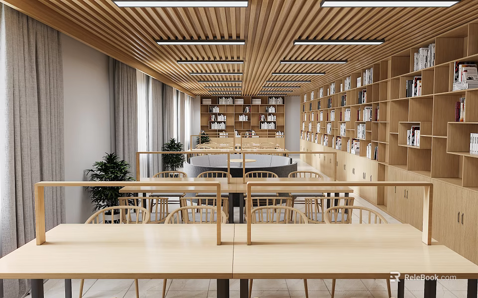 Modern Library Interior For Book Art With Wooden Ceiling Long Tables And Green Plants 3d model 