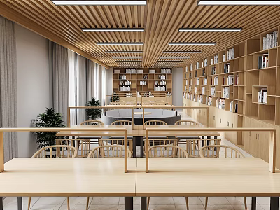 Modern Library Interior For Book Art With Wooden Ceiling Long Tables And Green Plants 3d model