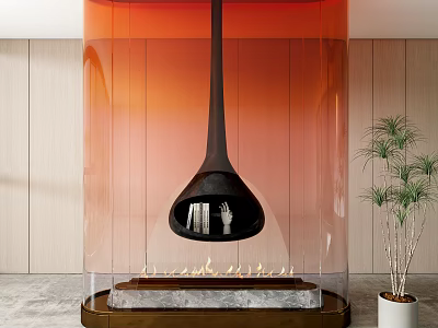 Modern Transparent Screen In Living Room With Fireplace And Potted Plant 3d model